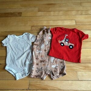 Pekkle Matching Set - Red Tee with Animal Overalls and Stripe Bodysuit